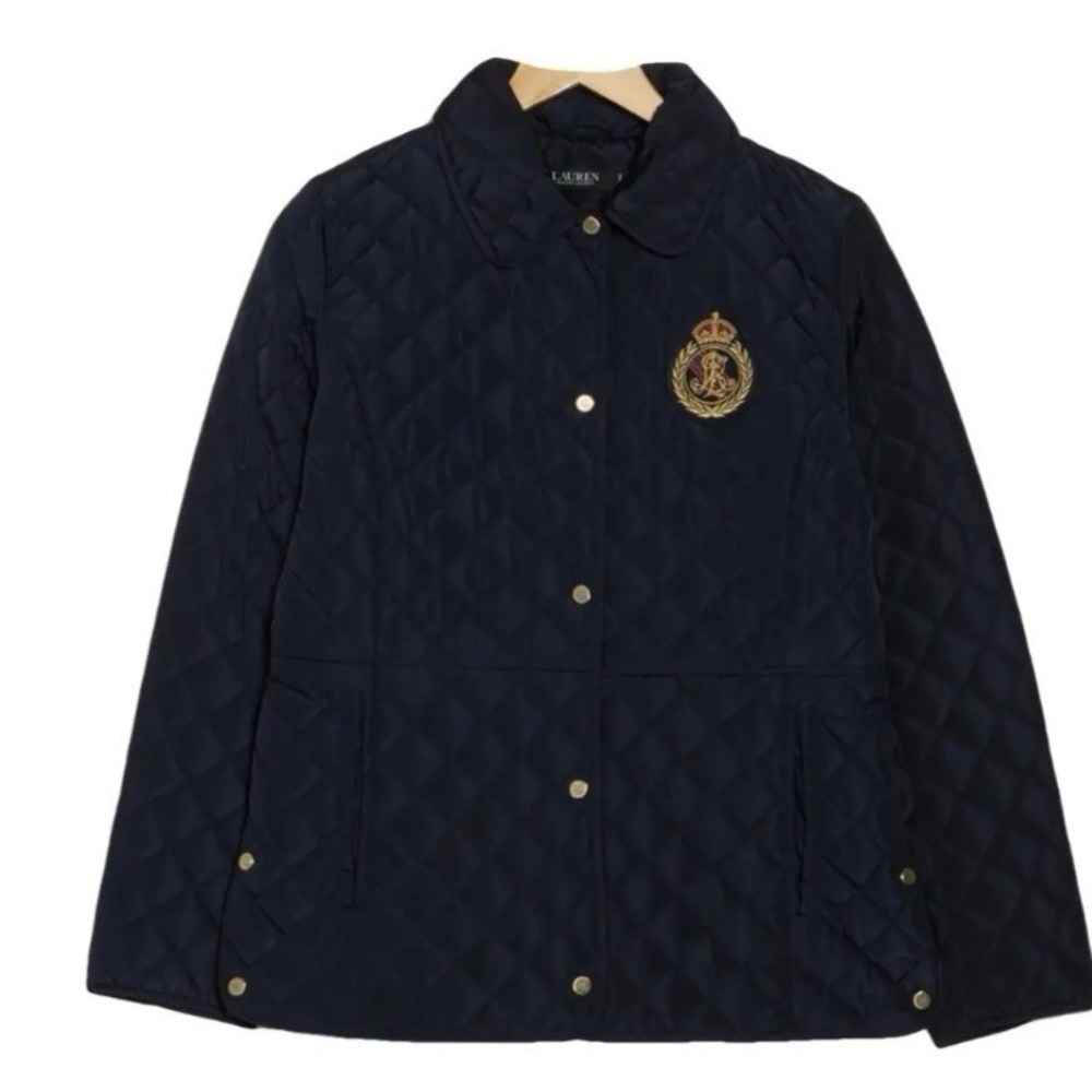 Lauren Ralph Lauren Women's Quilted Black Snap Jacket Crest Logo L Black Label